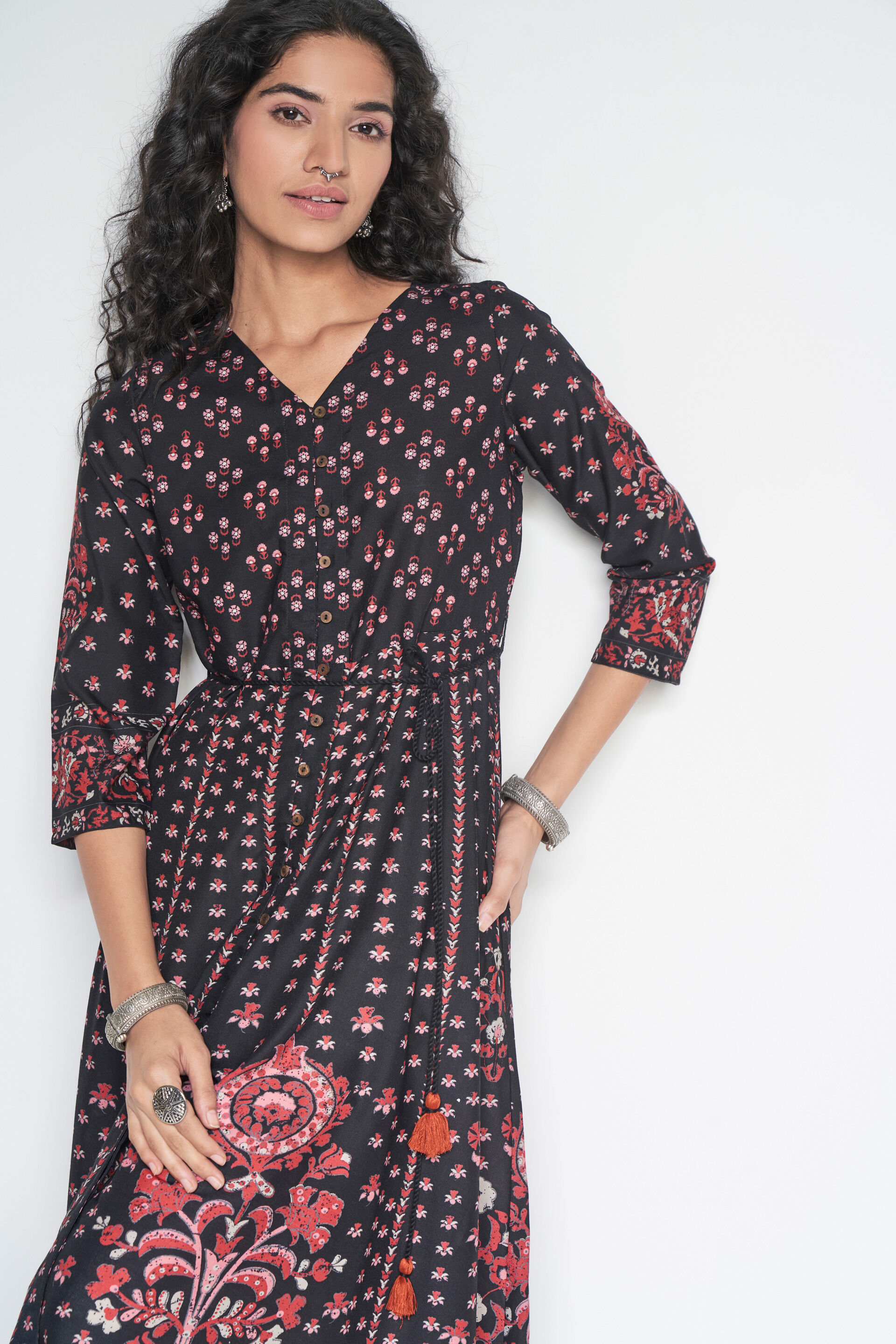 Black Floral Flared Kurta, Black, image 2